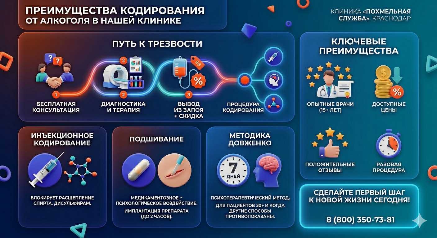 Инфографика о методах кодирования от алкоголя в Судогде: инъекции, подшивание, метод Довженко. Преимущества клиники и этапы лечения.