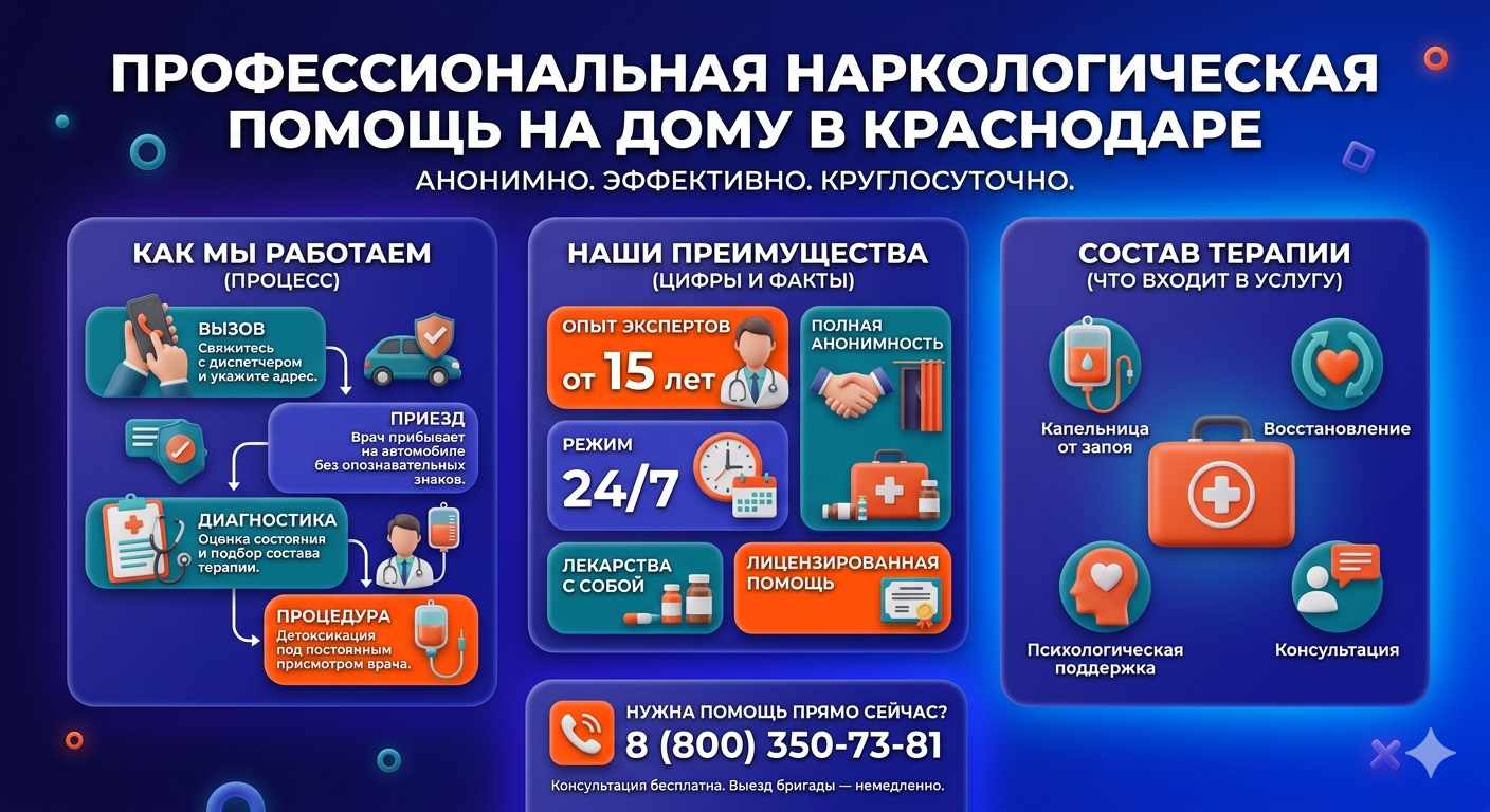 Инфографика о принципах лечения алкоголизма на дому в Судогде: этапы вызова нарколога, преимущества анонимной детоксикации и состав медицинской помощи.